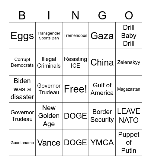 Trump State of the Union Bingo Card