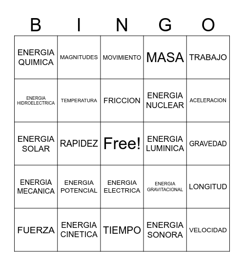 Bingo de Física Bingo Card