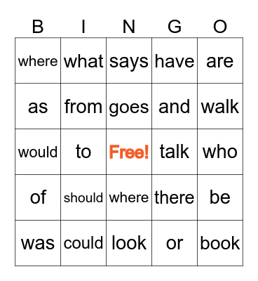 Heart Words Bingo Card