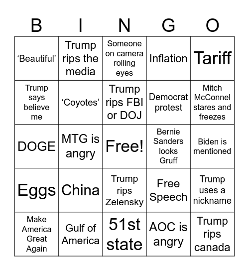 2025 Presidential Address Bingo Card