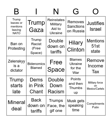 Trump Address to Congress Bingo Card