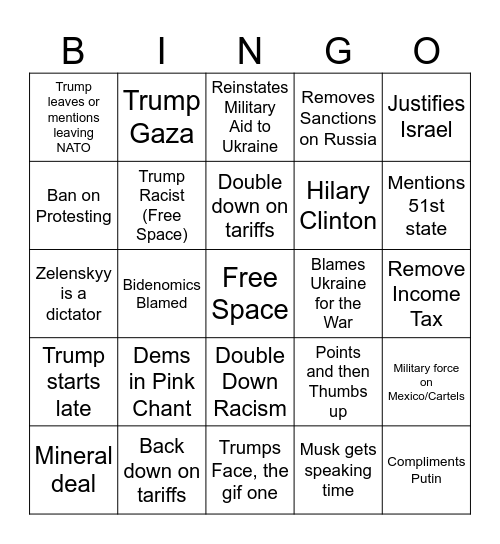 Trump Address to Congress Bingo Card
