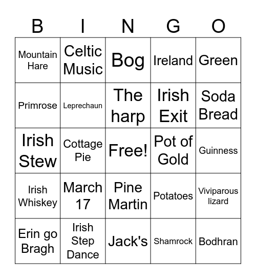 ARORA Irish Bingo Card