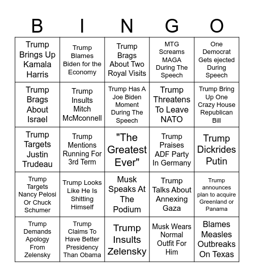 Trump State of The Union Bingo Card
