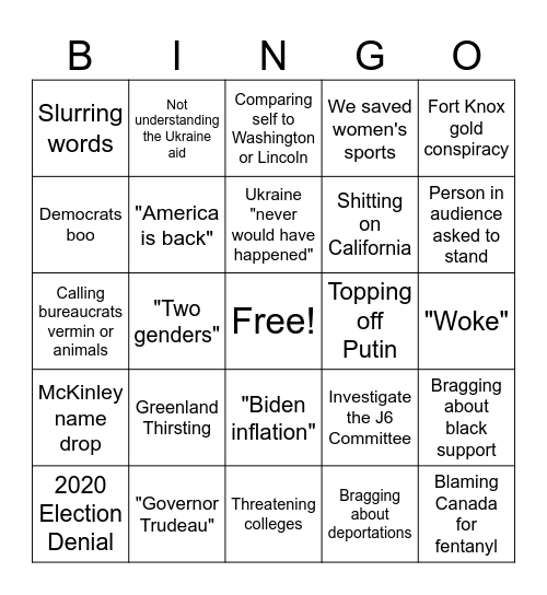 Trump Speech BINGO Card