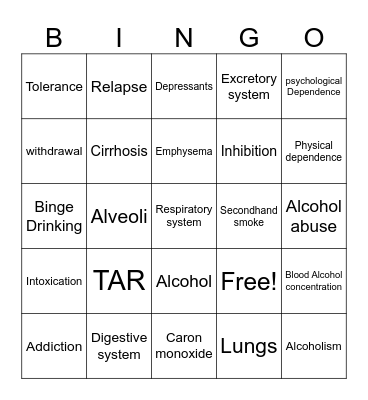 Substance Abuse Bingo Card
