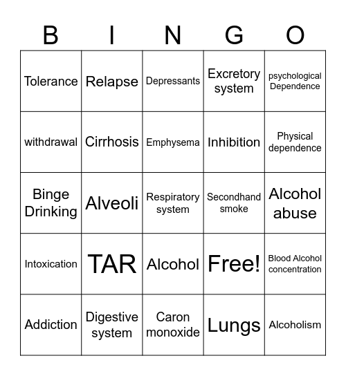 Substance Abuse Bingo Card