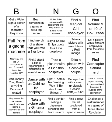 Mississippi Anime Fest Bingo Board Bingo Card