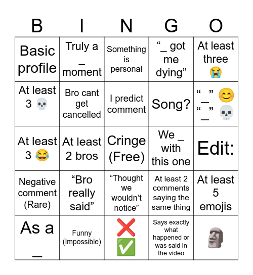 Credits to (AsaTalks) YouTube shorts comments bingo Card