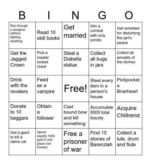 Skyrim Bingo Card