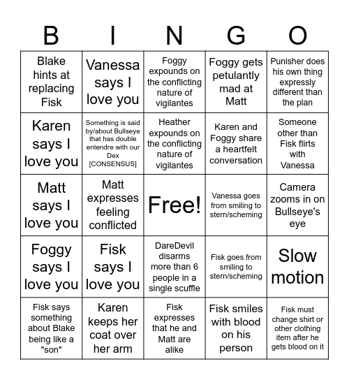 DareDevil Bingo Card