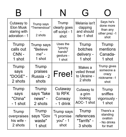 State of the Union Bingo drinking game Bingo Card
