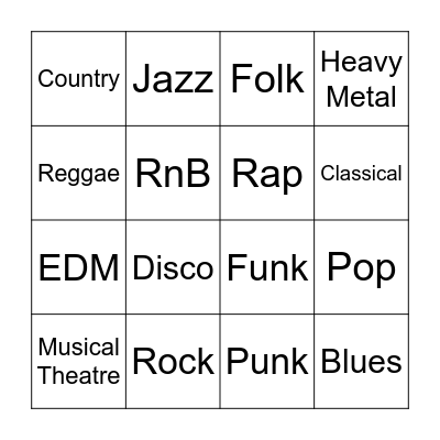 Music Genres Bingo Card
