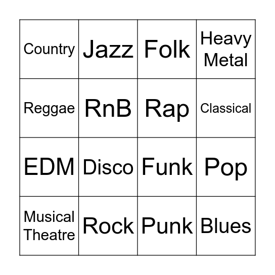 Music Genres Bingo Card