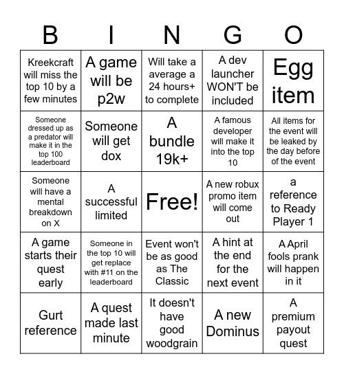 Roblox: The Hunt: Mega Edition Bingo Card Bingo Card