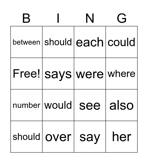 Sight Words Bingo Card
