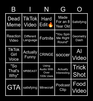 YouTube Shorts Bingo Card