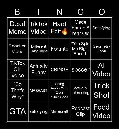 YouTube Shorts Bingo Card