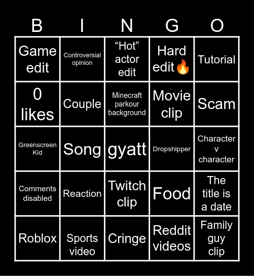 YouTube shorts Bingo Card