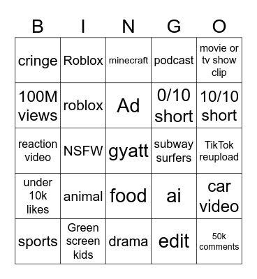 youtube shorts Bingo Card