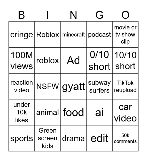 youtube shorts Bingo Card