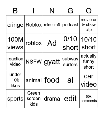youtube shorts Bingo Card