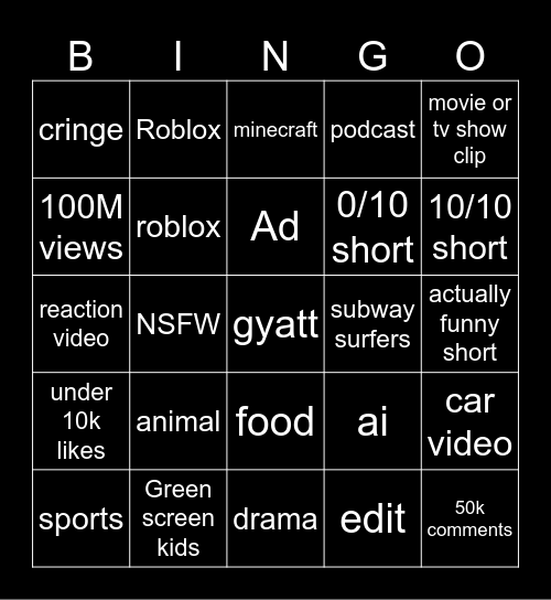 youtube shorts Bingo Card