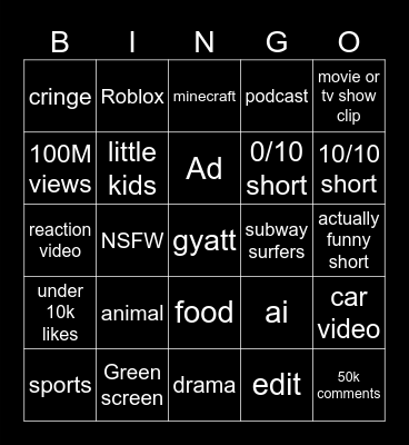 youtube shorts Bingo Card