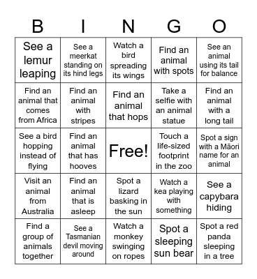 Bingo at the Zoo Bingo Card