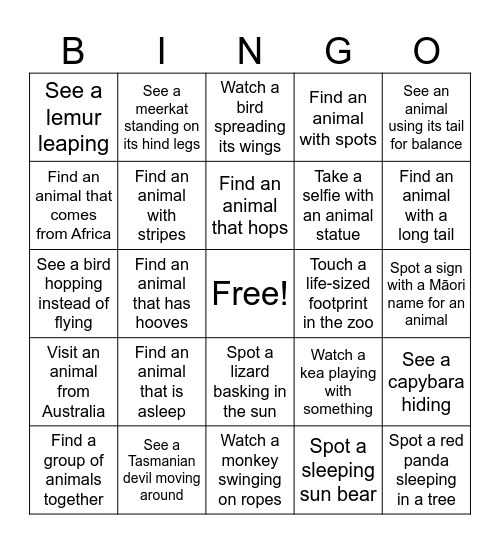 Bingo at the Zoo Bingo Card
