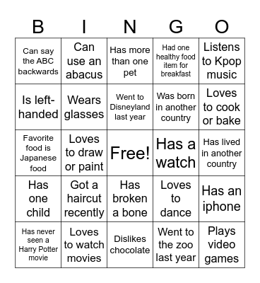 Parent Ice Breaker Bingo Card