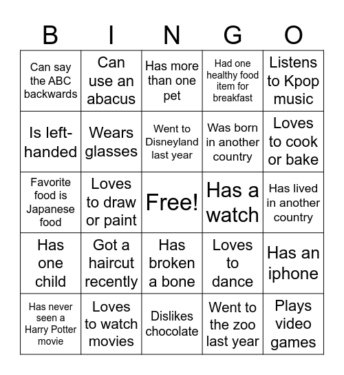 Parent Ice Breaker Bingo Card