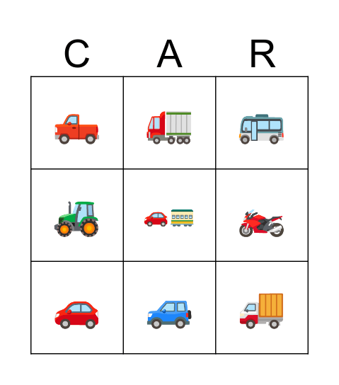 Motor Vehicles Bingo Card