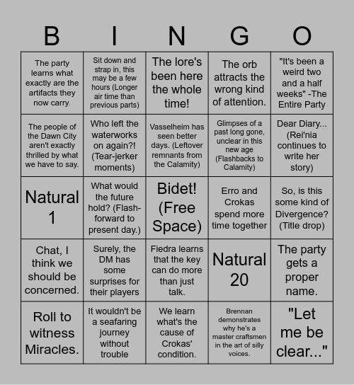 EXU Divergence- Episode 4 Bingo Card