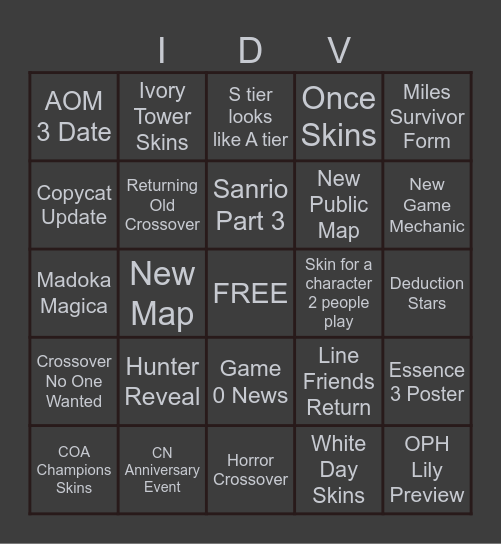 IDV Livestream Bingo Card