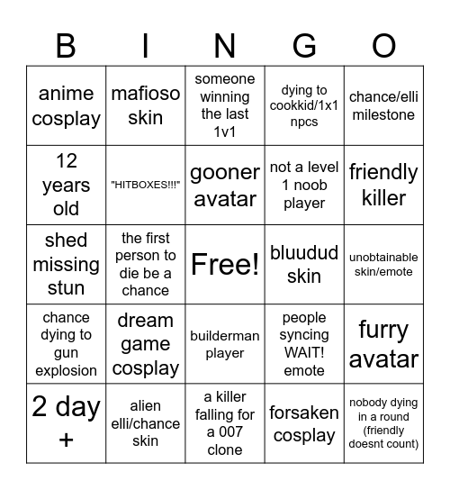 forsaken bingo card Bingo Card