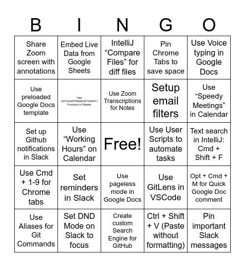 Productivity Hacks Bingo Card