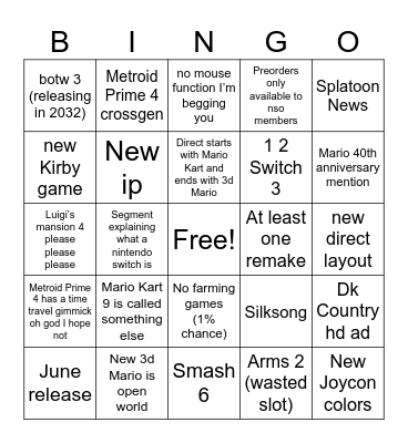 Switch 2 direct card Bingo Card