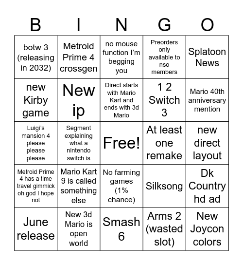 Switch 2 direct card Bingo Card