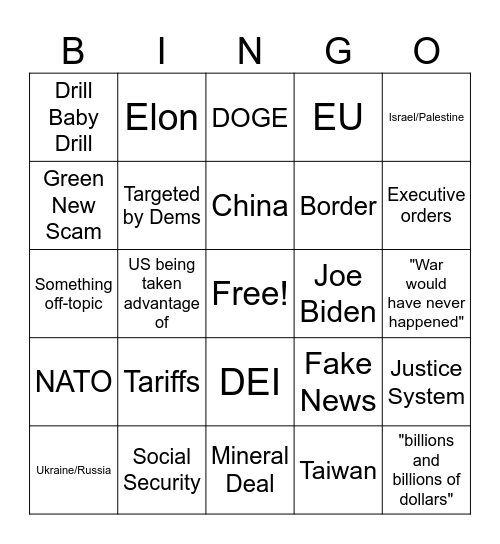 Trump's State of the Union Address Bingo Card