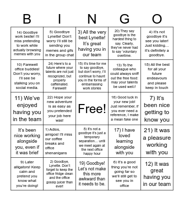 Goodbyes Bingo Card