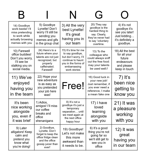 Goodbyes Bingo Card