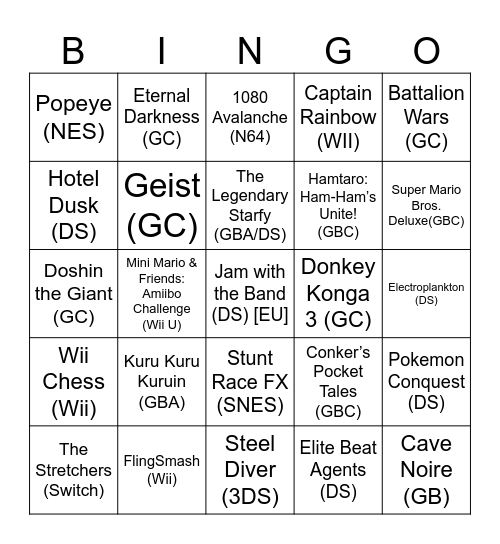 Turtle's Obscure Nintendo Games [Round 1] Bingo Card