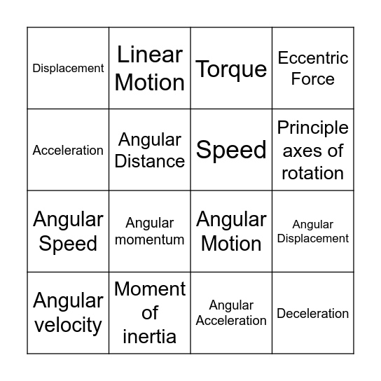 Linear and Angular Motion Bingo Card