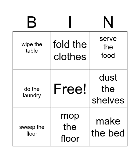 Chores Bingo Card