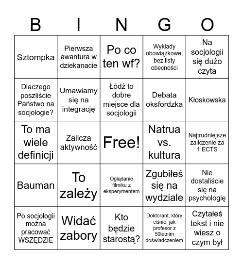 Pierwszy rok na socjologii Bingo Card