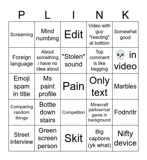 Youtube shorts bingo Card