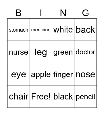 Health and Colors Bingo Card