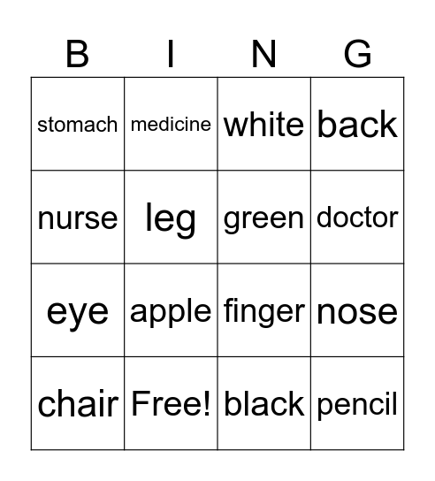 Health and Colors Bingo Card