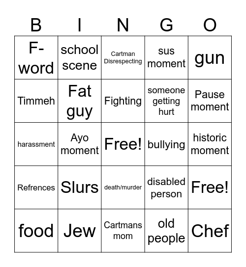 South Park bingo Card
